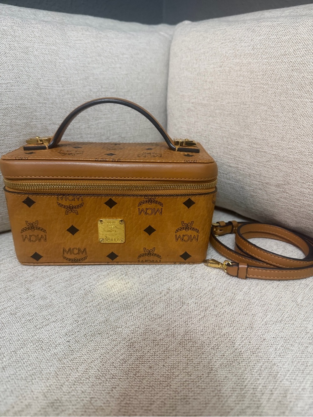 MCM Cognac Logo Visetos Leather Vanity Bag with Gold Hardware
